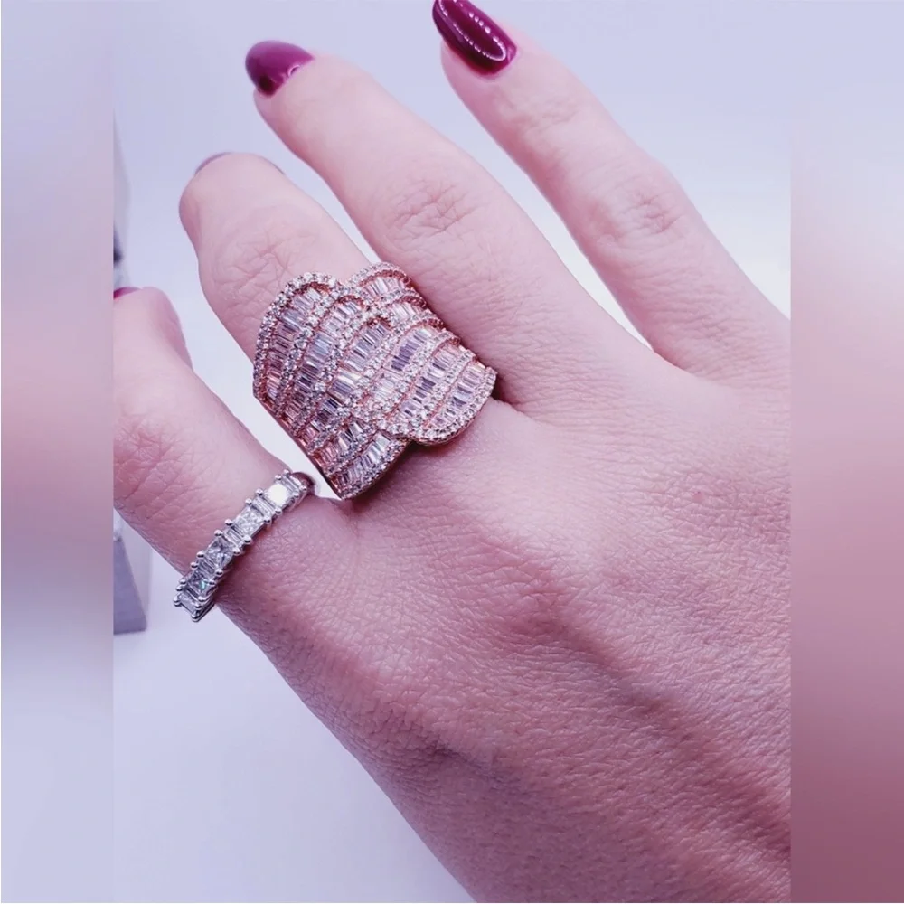 Round & Baguette White Diamond Simulants Rose Gold - 925 Sterling Silver Ring